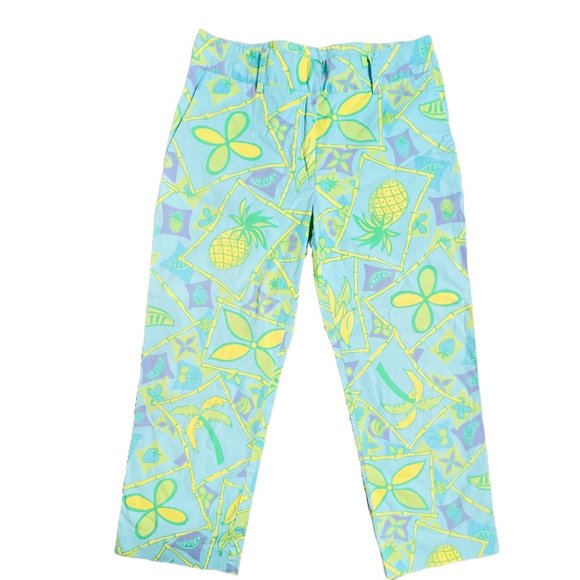 Lilly Pulitzer 4 Liza Capri Macadamia Print Pants Blue Yellow Capri - Picture 1 of 8